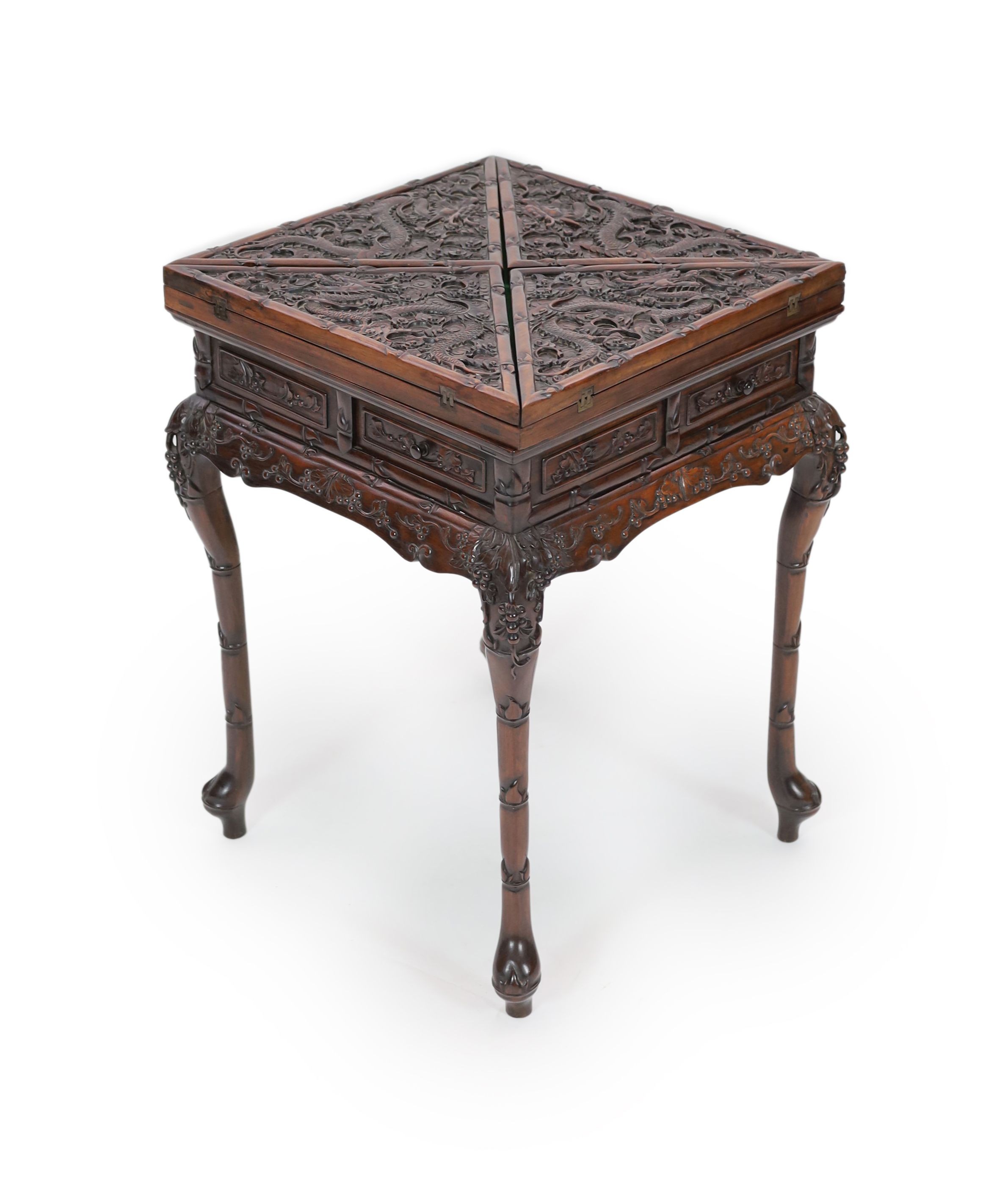A Chinese hongmu ‘dragon’ envelope card table, c.1910, 55 cm Square, 78 cm high, some splits